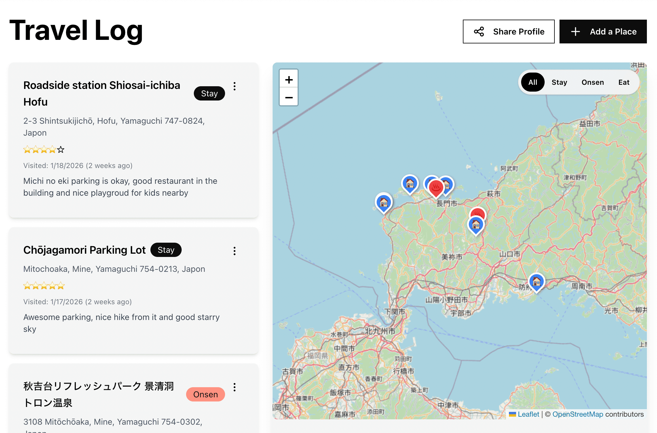 Travel Log interface showing an interactive map with logged stays, onsens, and restaurants across Japan