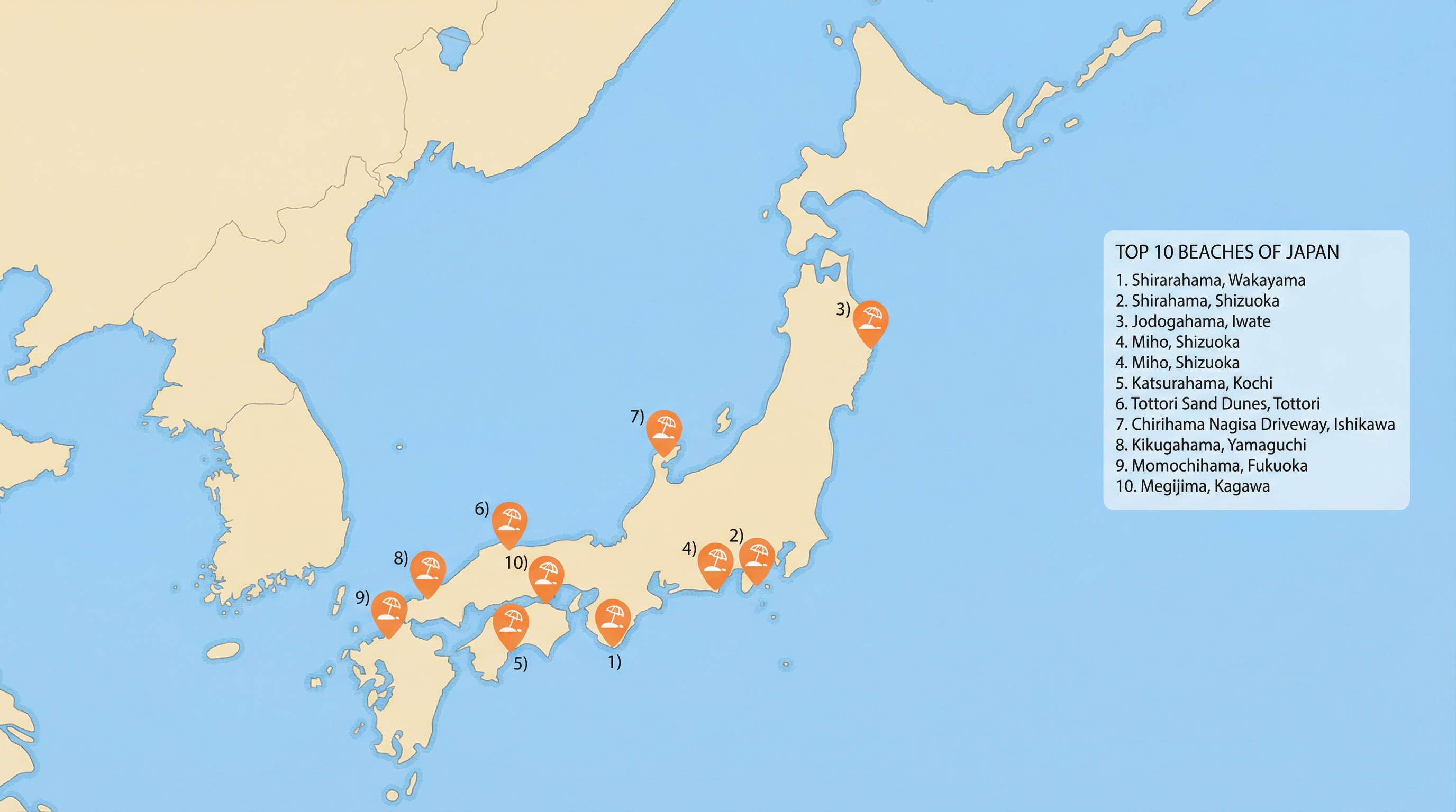 Map of Japan showing the 10 featured beaches
